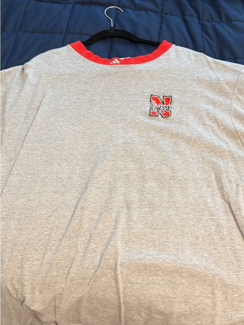 adidas Grey Short Sleeve Tee with Red Collar and Nebraska 'N' Logo